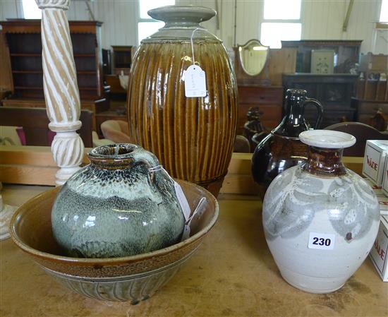 Five items of Studio Pottery, inc a tall vase, 3 other vases and a bowl